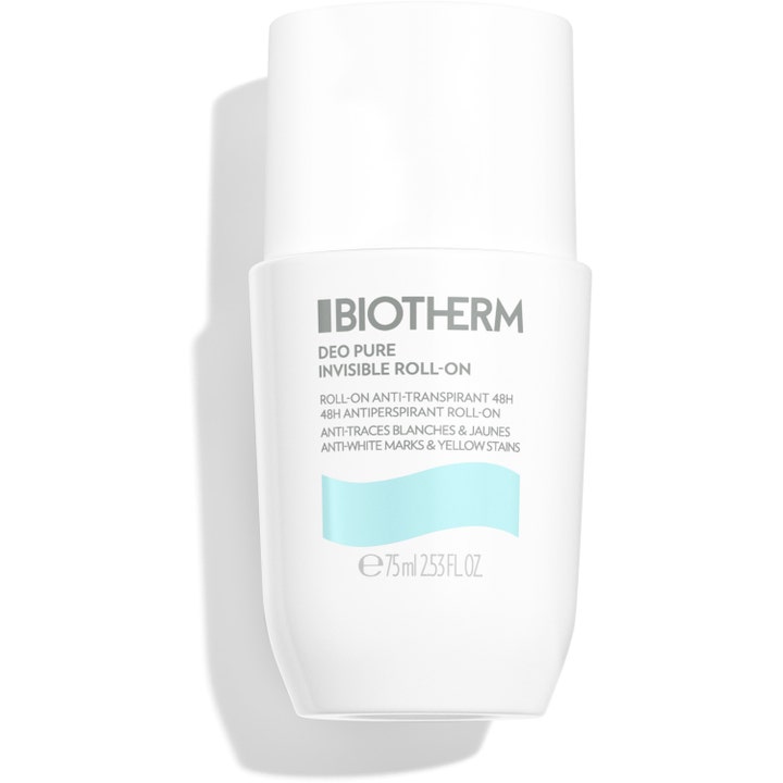 Biotherm Deo Pure Invisible 75 ml antiperspirant roll-on mod lugt i hvid emballage med lyseblå detalje
