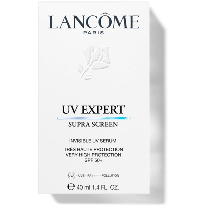 Lancôme UV Expert Supra Screen 40 ml solcreme med SPF 50 giver usynlig solbeskyttelse i en hvid æske.