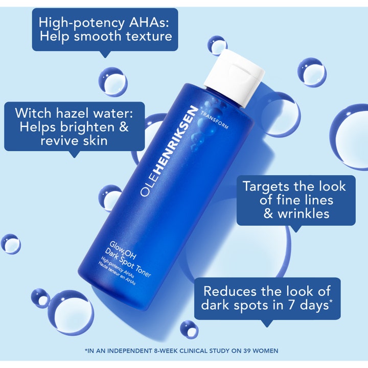 Ole Henriksen Glow2OH Dark Spot Toner 190 ml reducerer mørke pletter med AHA i blå flaske med vanddråber