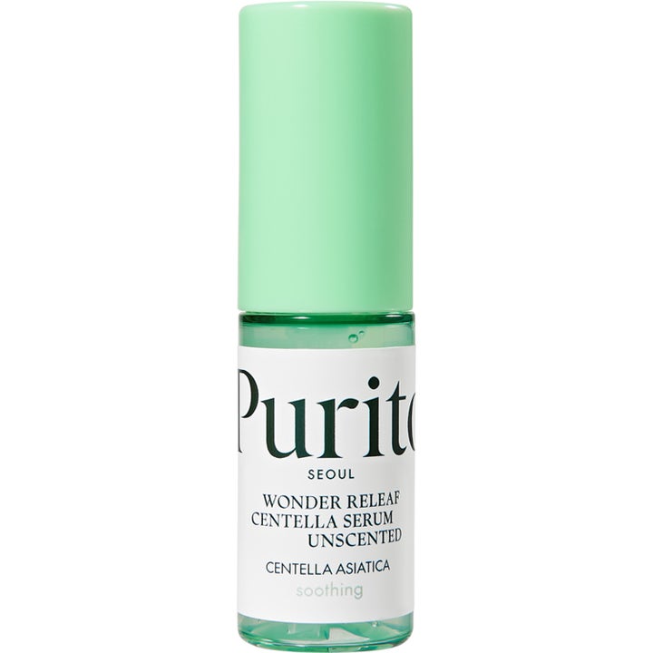 Purito Wonder Releaf Centella Serum Unscented 60ml beroligende serum i klar flaske med hvid label og lysegrønt låg