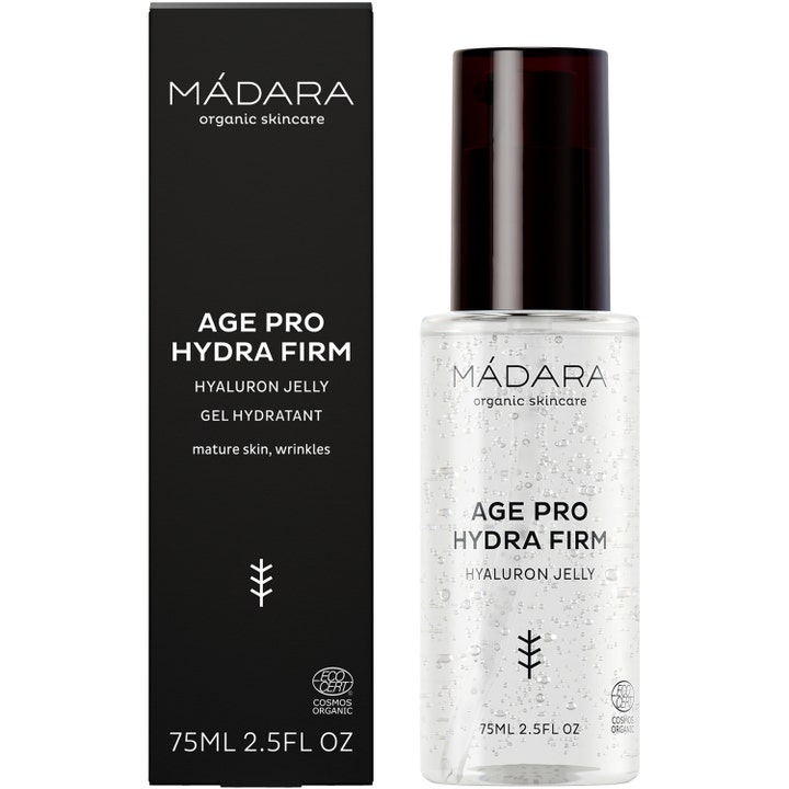 MÁDARA AGE PRO Hydra Firm Hyaluron Jelly 75 ml opstrammende ansigtsserum i klar flaske med bobler og sort æske