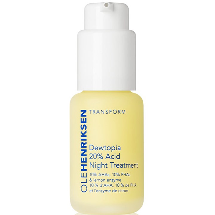 Ole Henriksen Dewtopia 20% Acid Night Treatment 30 ml eksfolierende natserum i gul frostet glasflaske med hvid pumpe