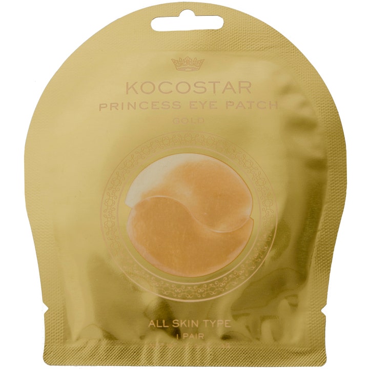 Kocostar Princess Eye Patch Gold 1 par øjenmaske mod mørke rande i en skinnende guldfarvet sachet.