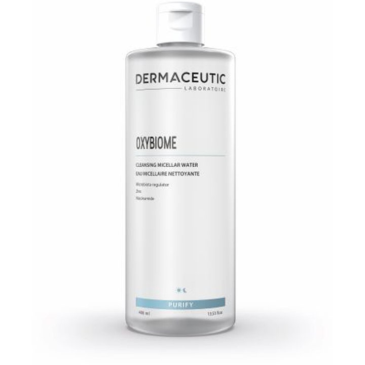 Dermaceutic Oxybiome 400 ml rensende micellar water med niacinamid og zink i en klar flaske med hvidt låg