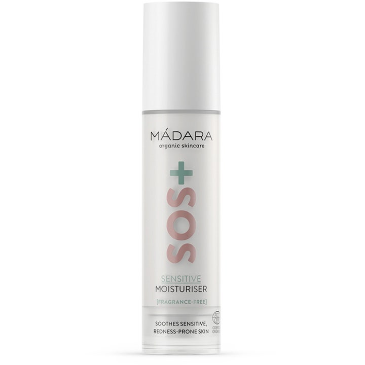 Mádara SOS+ Sensitive Moisturiser 50ml beroligende ansigtscreme i hvid cylinderflaske med lyserødt logo