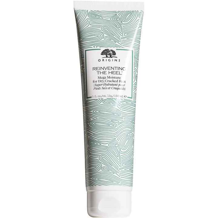 Origins Reinventing The Heel 150 ml fugtgivende fodcreme mod tørre hæle i hvid tube med grønt bølgemønster