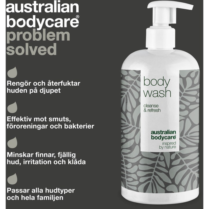 Australian Bodycare Body Wash 500 ml antibakteriel showergel i hvid pumpeflaske med gråt bladmønster og Tea Tree Oil