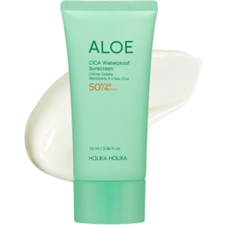 Holika Holika Aloe Cica Waterproof Sunscreen 70 ml vandfast solcreme i lysegrøn tube med hvid cremet tekstur.