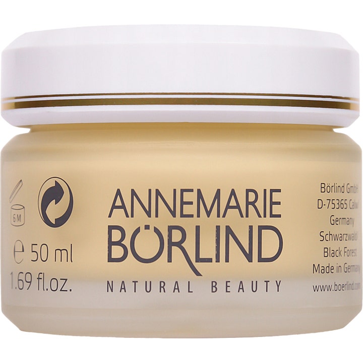 Annemarie Börlind ansigtscreme 50 ml fugtgivende pleje i beige glaskrukke med hvidt låg og gulddetalje