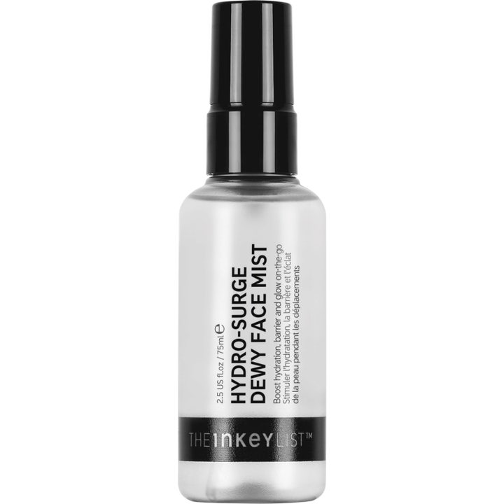The INKEY List Hydro-Surge Dewy Face Mist 75ml fugtgivende ansigtsspray i matteret flaske med sort spraypumpe og låg