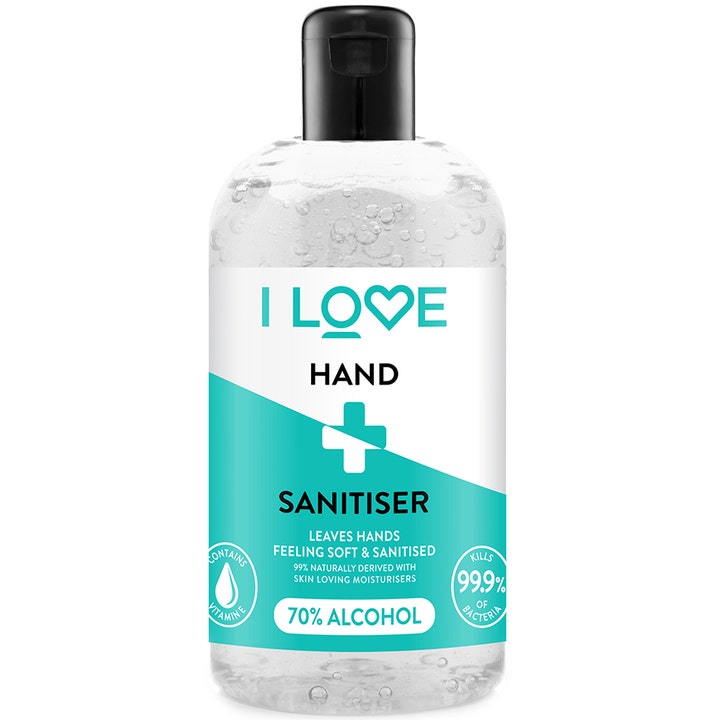 I LOVE Hand Sanitiser bakteriedræbende håndsprit der giver bløde hænder i klar plastflaske med sort vippelåg.