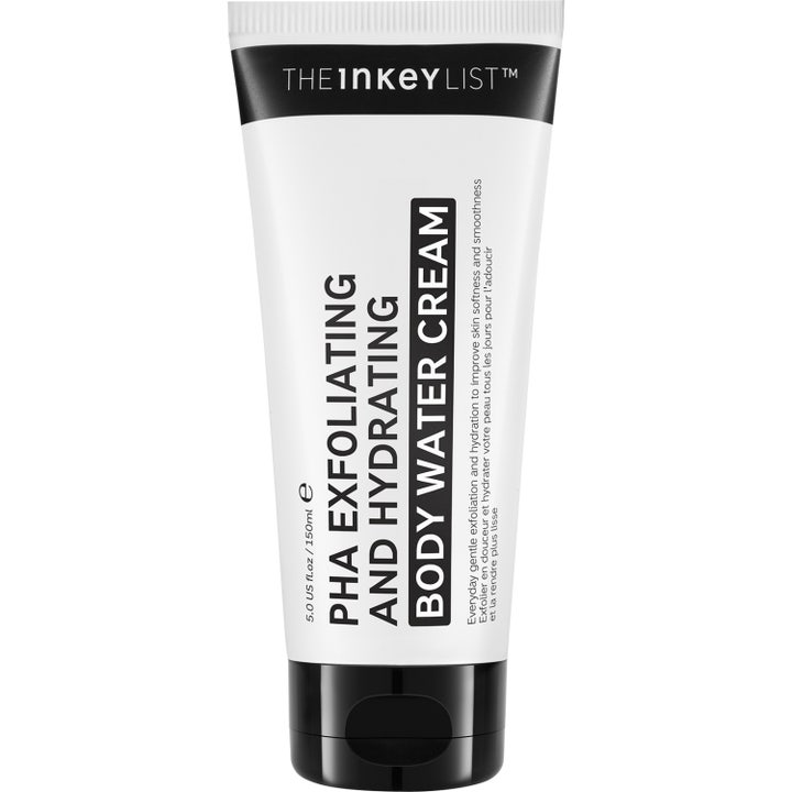 The Inkey List PHA Exfoliating and Hydrating Body Water Cream 150ml i hvid tube med sort låg