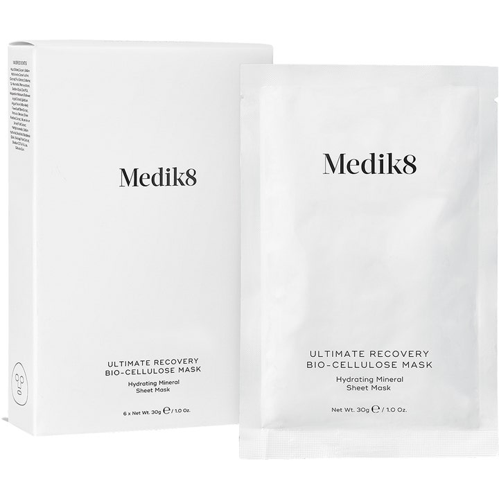 Medik8 Ultimate Recovery Bio Cellulose Mask 6x30g fugtgivende sheet mask i hvid æske og sachet