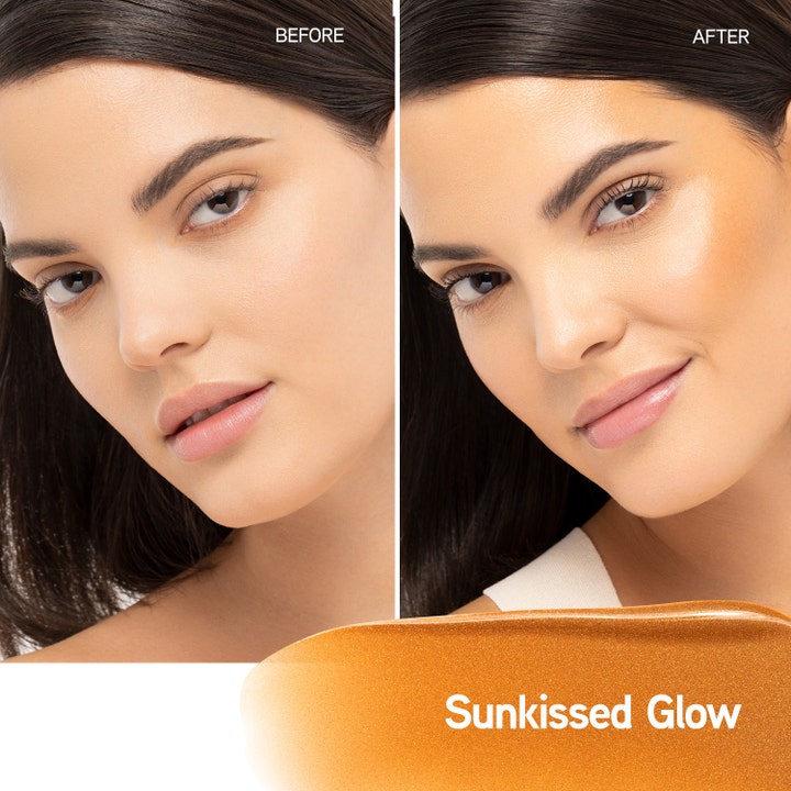 Physicians Formula Butter Glow Bronzing Serum 30 ml giver glød vist med før og efter resultat på en model