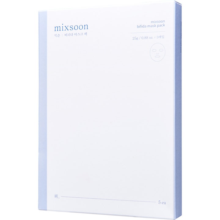 Mixsoon Bifida Mask Pack 5 stk styrkende ansigtsmaske i en minimalistisk hvid og lyseblå papæske