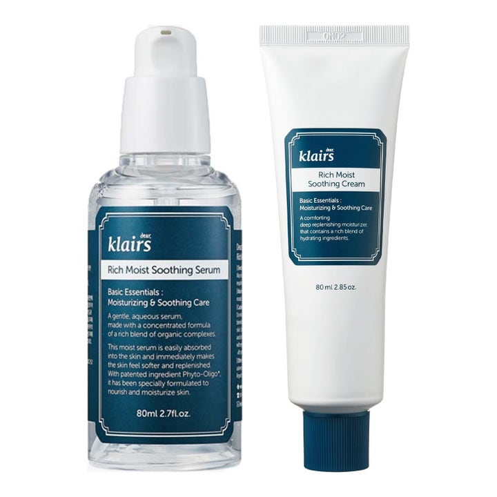 Klairs Rich Moist Soothing Cream og Serum 80 ml beroligende hudpleje i hvid tube og klar flaske med pumpe