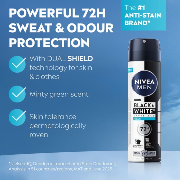 NIVEA MEN Black & White Fresh Spray 150 ml deodorant mod lugt og pletter i sort og hvid spraydåse