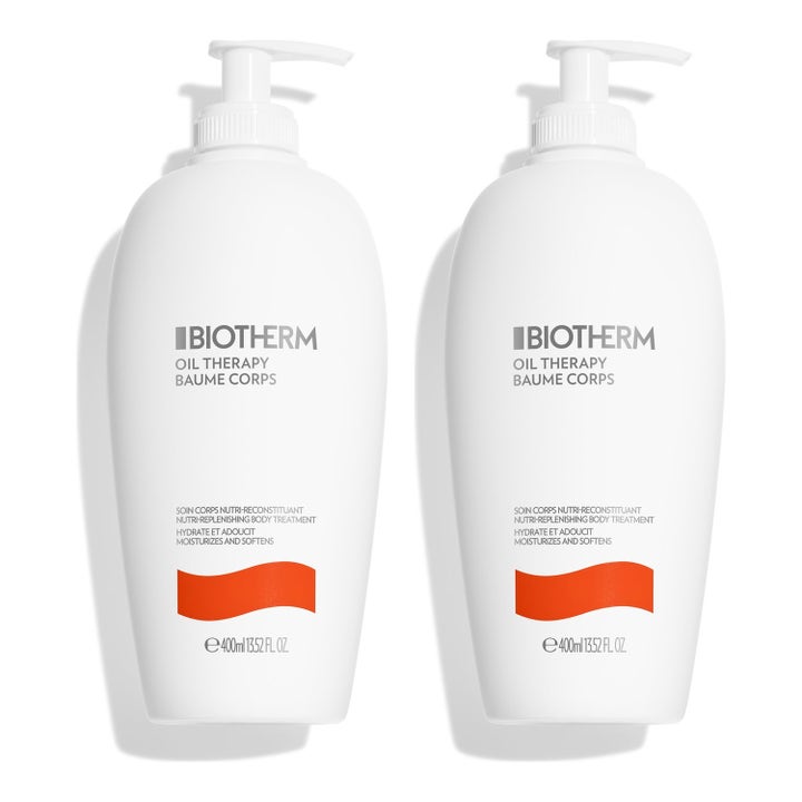 Biotherm Oil Therapy Baume Corps 400 ml fugtgivende bodylotion i to hvide plastflasker med hvid pumpe og orange detalje