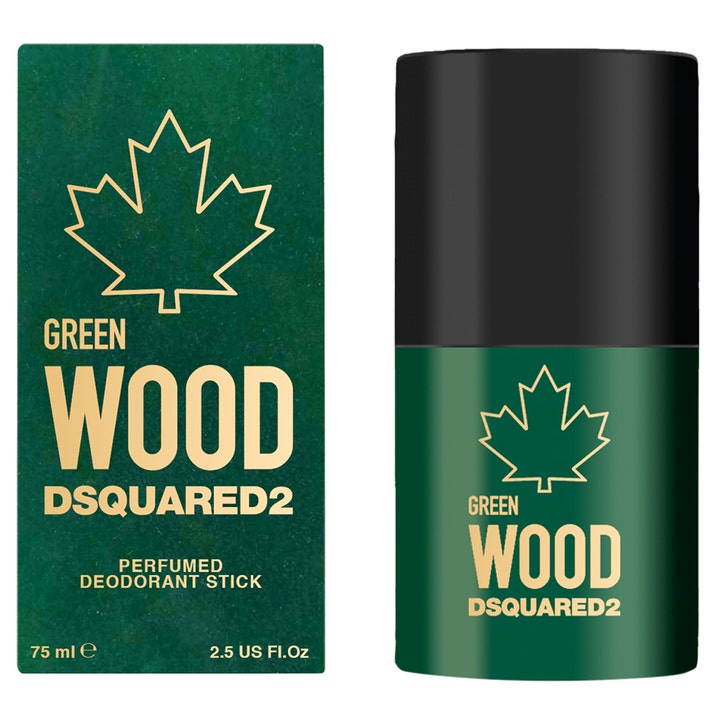 Dsquared2 Green Wood Deodorant Stick 75 ml herredeodorant i mørkegrøn emballage med sort låg og ahornblad