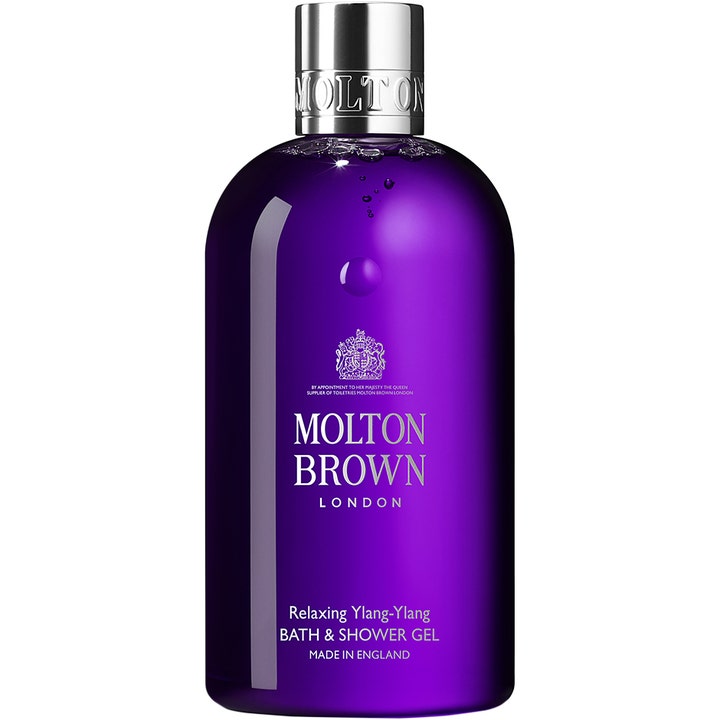 Molton Brown Relaxing Ylang-Ylang 300 ml afslappende bade- og brusegel i lilla gennemsigtig flaske med sølvlåg