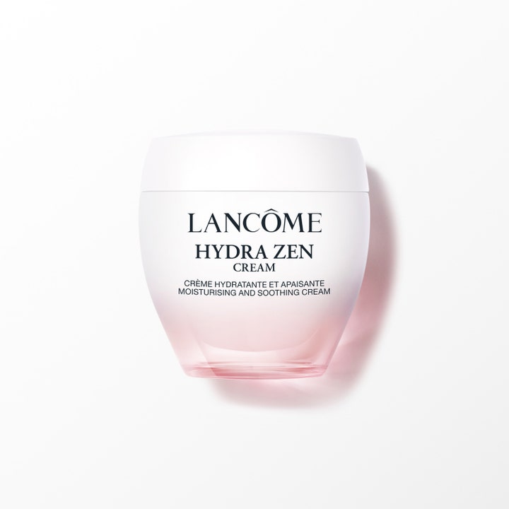 Lancôme Hydra Zen Cream fugtgivende ansigtscreme der beroliger huden i en hvid og lyserød glaskrukke med hvidt låg.