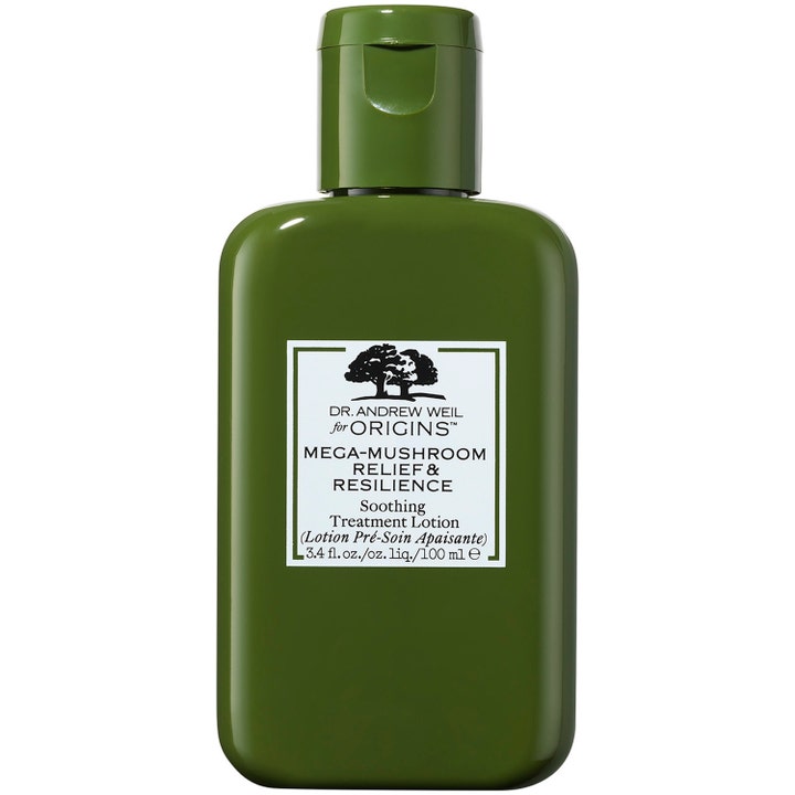 Origins Mega-Mushroom Soothing Treatment Lotion 100 ml beroligende ansigtslotion i en mørkegrøn flaske med vippelåg