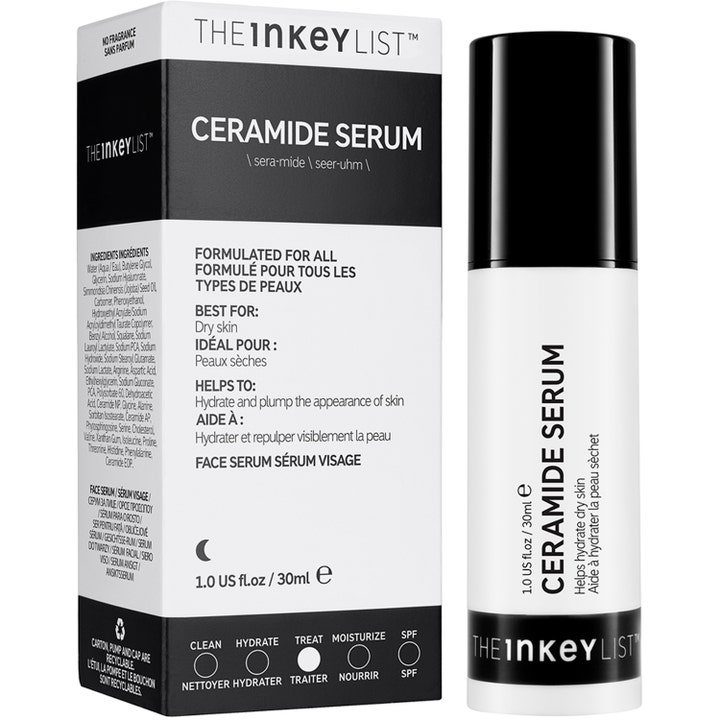 The INKEY List Ceramide Serum 30 ml fugtgivende ansigtsserum til tør hud i sort og hvid pumpeflaske med æske