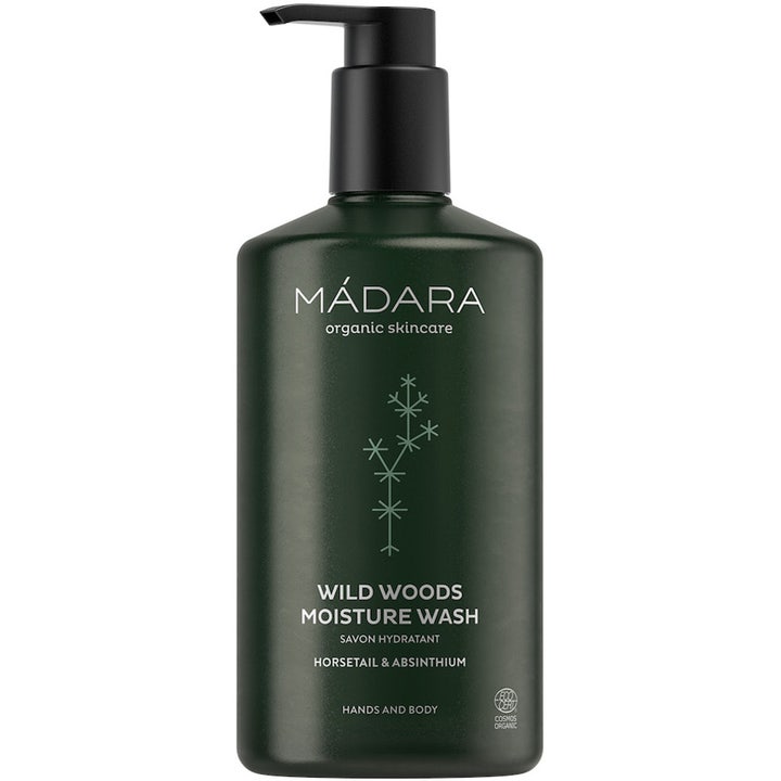 Mádara Wild Woods Moisture Wash 300 ml fugtgivende kropssæbe i mørkegrøn flaske med sort pumpe