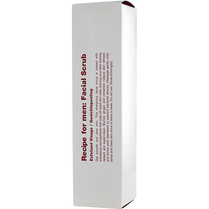Recipe for men Facial Scrub 100 ml ansigtsskrubb der giver klar hud i hvid papæske med sort tekst.