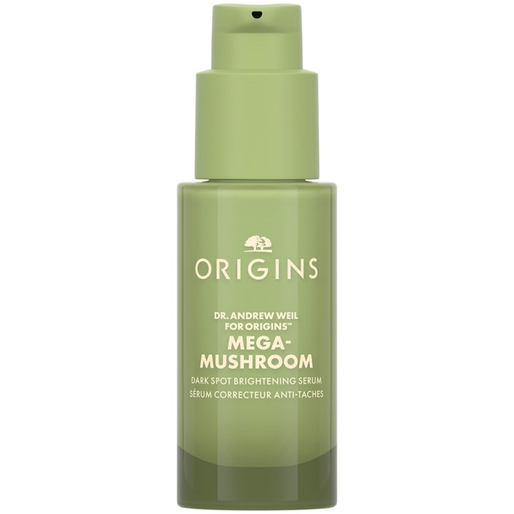 Origins Mega-Mushroom Dark Spot Brightening Serum lysnende serum mod mørke pletter i en olivengrøn pumpeflaske