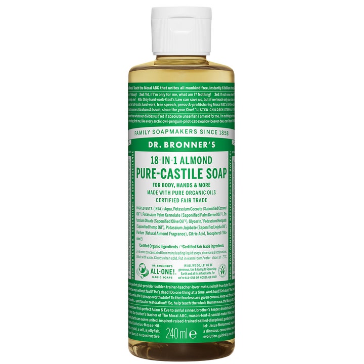 Dr. Bronner's 18-in-1 Almond Pure-Castile Soap 240 ml plejende flydende sæbe i plastflaske med grøn label og hvidt låg