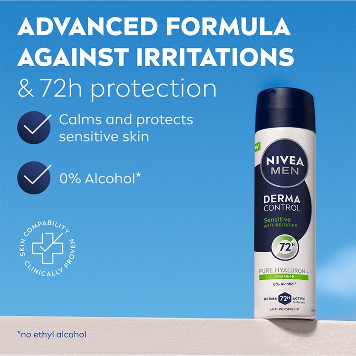 NIVEA Derma Control Sensitive 150 ml spray mod irritation med 72 timers beskyttelse og hyaluron.