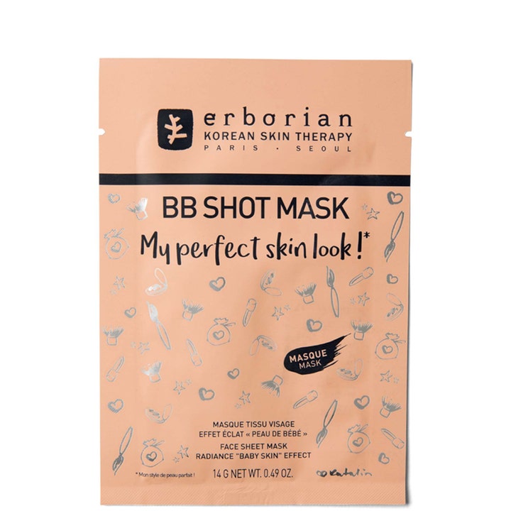 Erborian BB Shot Mask 14g ansigtsmaske giver radiance og baby skin effect i ferskenfarvet sachet med små tegninger