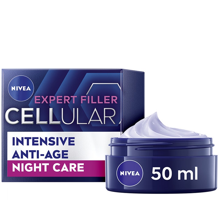 Nivea Cellular Expert Filler 50 ml intensiv anti-age natcreme i mørkeblå krukke med rig hvid tekstur og æske