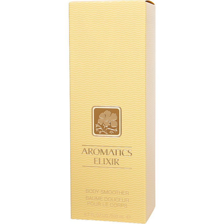 Clinique Aromatics Elixir 200 ml blødgørende body lotion i gul mønstret æske med guldfarvet blomsterlogo