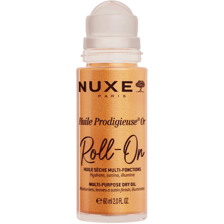 Nuxe Huile Prodigieuse Or 60 ml glitrende tørolje i roll-on flaske som gir huden en gylden glød