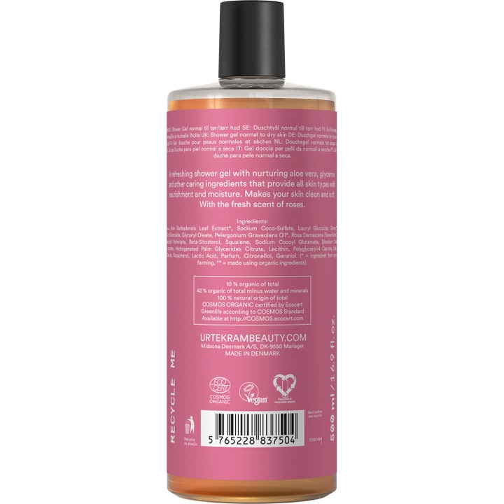Urtekram Shower Gel Rose 500 ml fugtgivende kropspleje ses fra bagsiden med pink label og vegansk certificering