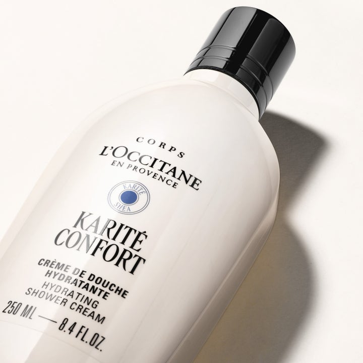 L'Occitane en Provence Shea Butter Body Shower Cream 250 ml fugtgivende badecreme i hvid flaske med sort låg