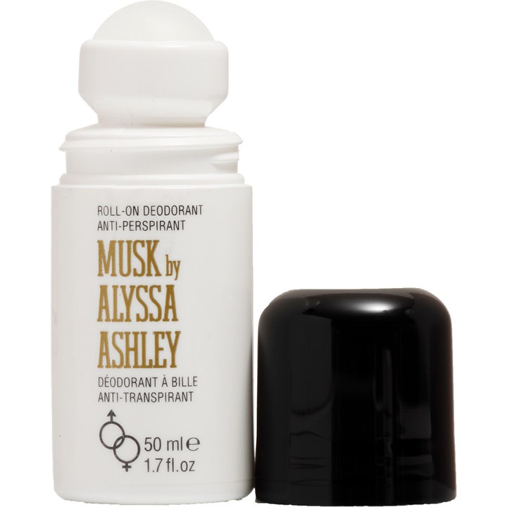 Alyssa Ashley Musk Roll-On Deodorant 50 ml i hvid flaske med sort låg ved siden af roll-on applikatoren