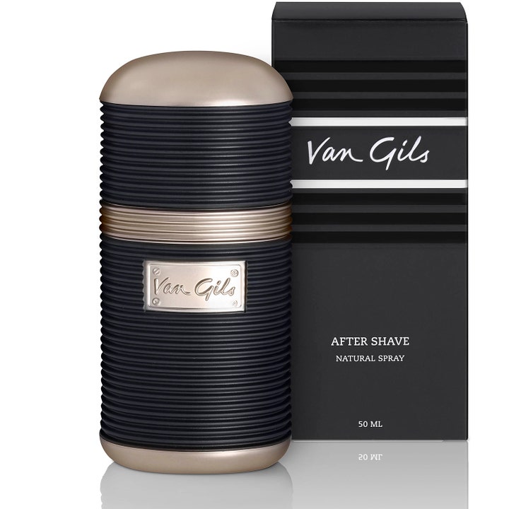 Van Gils After Shave 50 ml klassisk aftershave i sort rillet flaske med sølvdetaljer og matchende stribet æske