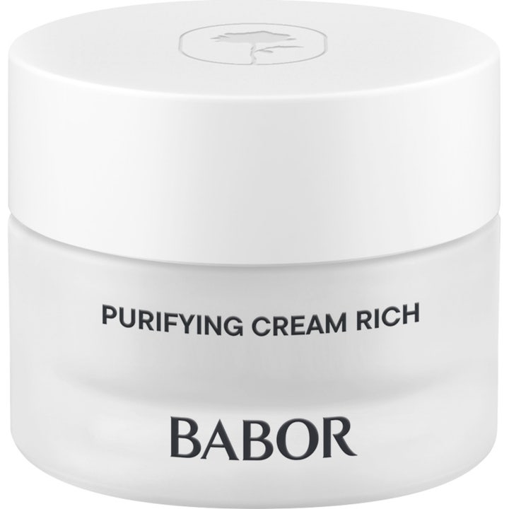 Babor Skinovage Purifying Cream Rich 50 ml rensende ansigtscreme i en mat glaskrukke med hvidt låg.