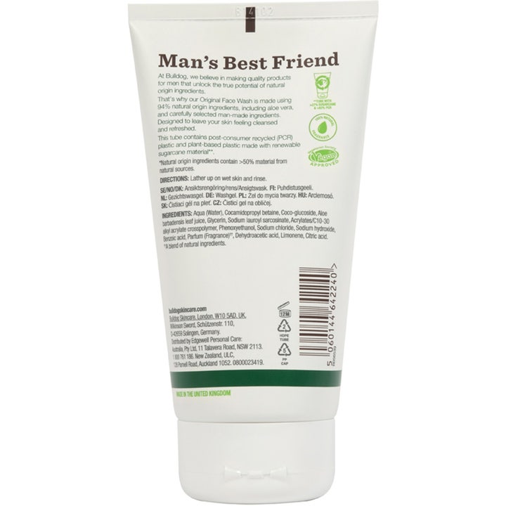 Bulldog Original Face Wash 150 ml fugtgivende ansigtsvask på hvid tube med ingrediensliste og Vegan-logo