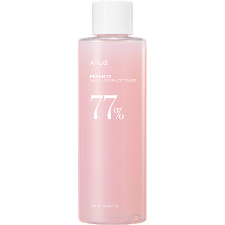 Anua Peach 77 Niacin Essence Toner 250 ml glødgivende ansigtstoner i lyserød gennemsigtig flaske