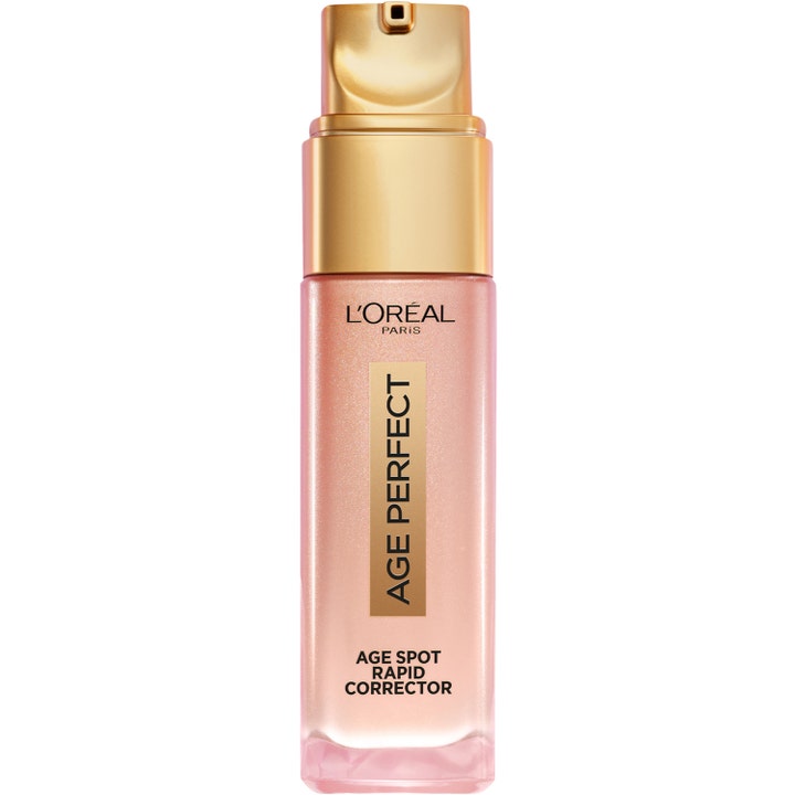 L'Oréal Paris Age Perfect Age Spot Rapid Corrector mod pigmentpletter i klar flakon med ferskenfarvet serum og guldpumpe