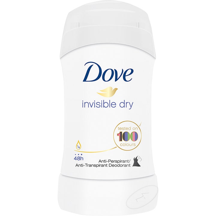 Dove Invisible Dry deodorant stick modvirker hvide mærker på tøjet i hvid plastbeholder med blåt logo.