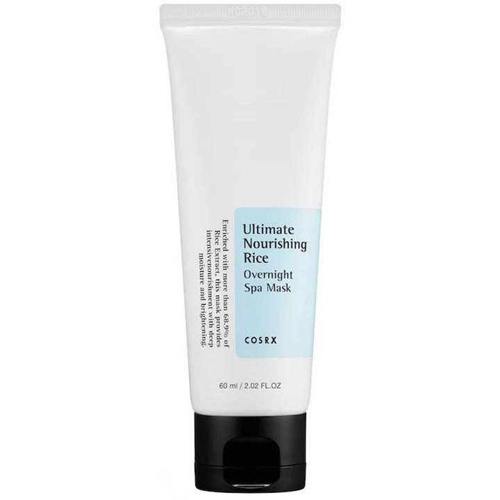 COSRX Ultimate Nourishing Rice Overnight Spa Mask 60 ml nærende ansigtsmaske i hvid tube med sort låg