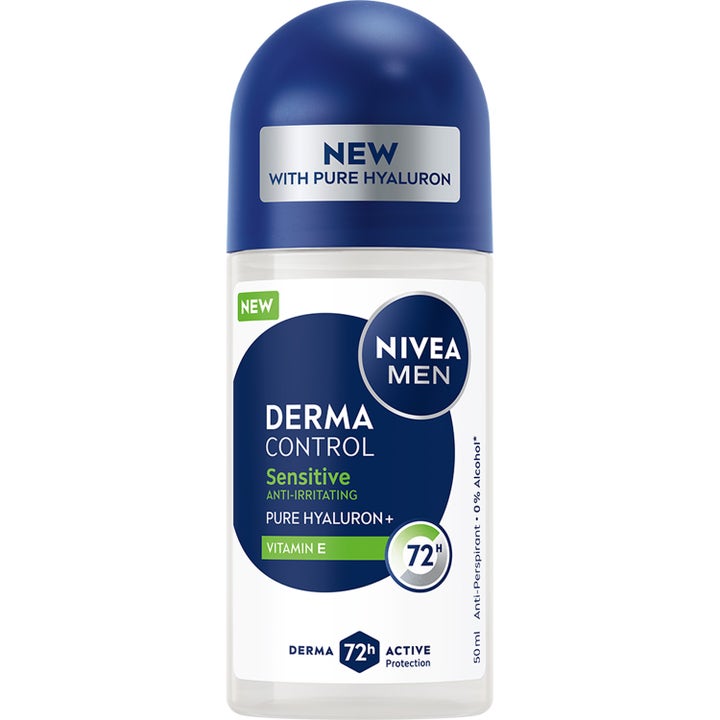 Nivea Men Derma Control Sensitive 50 ml anti-perspirant mod irritation i roll-on med mørkeblåt låg og klar flaske