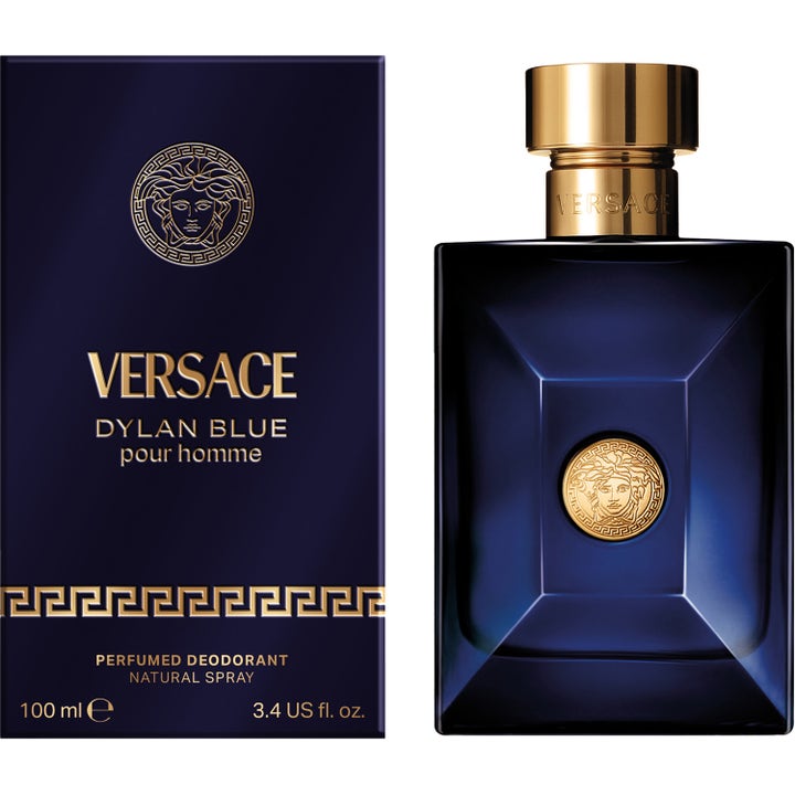 Versace Dylan Blue Deo Spray 100 ml herredeo spray giver friskhed i mørkeblå glasflaske med guldlogo og blå æske