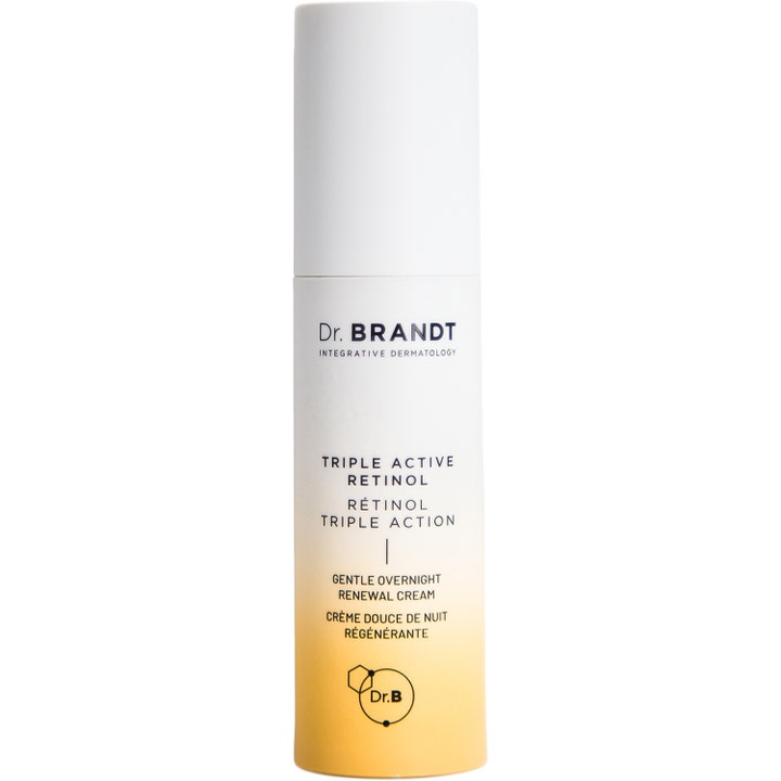 Dr. Brandt Triple Active Retinol 30 ml fornyende natcreme i hvid og gul cylinderformet flaske