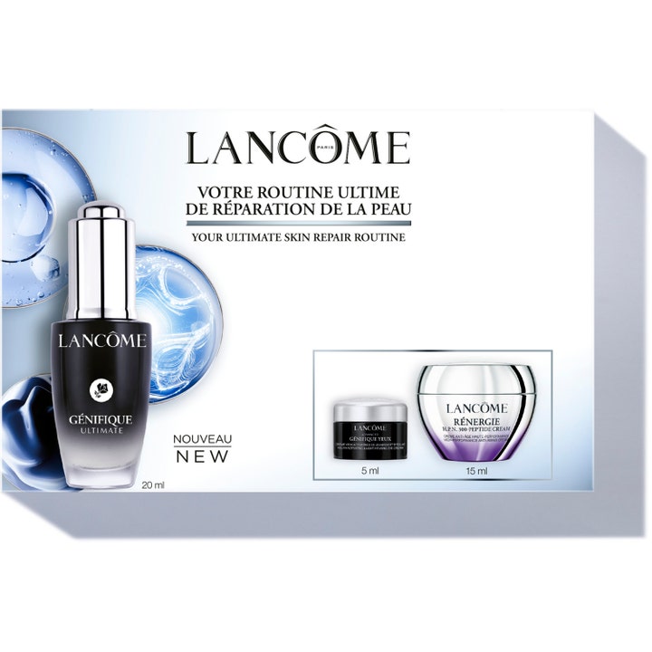 Lancôme Génifique Ultimate &amp; Rénergie sæt på 20ml 15ml 5ml genopbygger huden med serum og cremer i hvid æske med blå grafik